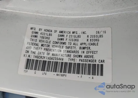 2016 Honda Accord Ex z USA, uszkodzony, nr VIN 1HGCR2F7XGA235448